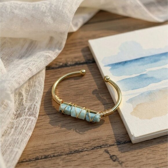 Larimar ✦ Wire Wrap Cuff ✦ 3-Stone Gold Over Copper Ocean Calm Talisman NWT - Picture 13 of 13